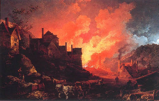 A mill backed by red-lit smoke